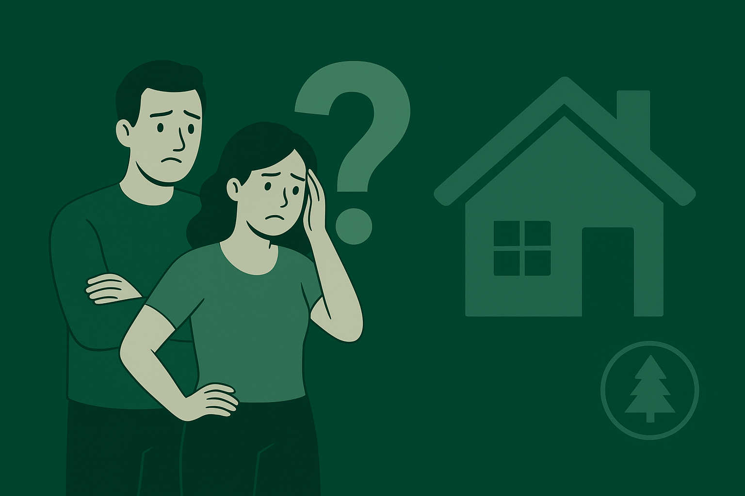 A worried couple standing in front of a house illustration with a question mark, representing homeowners struggling to sell a home with tenants who won’t leave. Dark green color palette with North Pine Home Buyers theme